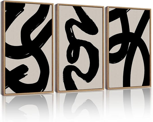 KUVIOKE Black Abstract Framed Wall Art Ink Wash Minimalist Lines Painting Artwork for Bedroom Living Room Hallway Decor Ready to Hang 12x16in (Natural Framed)