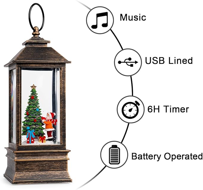 Christmas Snow Globe Lantern Water Glittering Christmas Tree Gifts with Music & Timer, USB Lined/Battery Operated Lighted Lantern for Christmas Festival Decorations