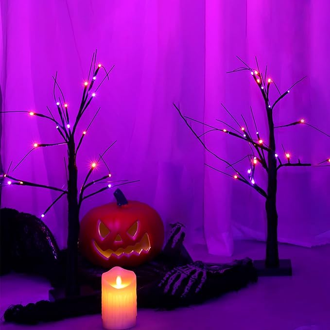 Halloween Decorations Indoor, 2-Pack 2FT Lighted Black Halloween Tree with 48 LED Orange & Purple Lights, Timer Function Battery Operated Halloween Trees Lights Spooky Tree for Tabletop Home Party