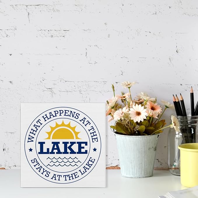 Lake Sign Decor What Happens at the Lake wooden Block Sign Home Lake House Desk Table Shelf Decoration, polychrome