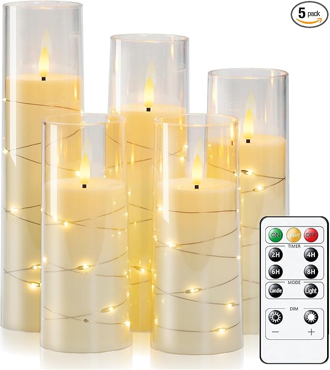Raycare Flameless LED Candles with Embedded Star String, 5 Pcs Battery Operated Acrylic Pillar Candles with Timer and Remote, Flickering Candle for Romantic Ambiance and Home Decoration(Ivory)