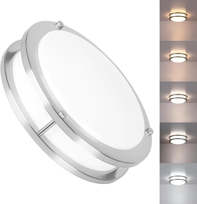 Brushed Nickel Ceiling Light, 10 Inch LED Ceiling Light Fixture for Bathroom,17W, 2700K/3000K/3500K/4000K/5000K Adjustable Ceiling Lighting for Bedroom Kitchen Hallway Living Room