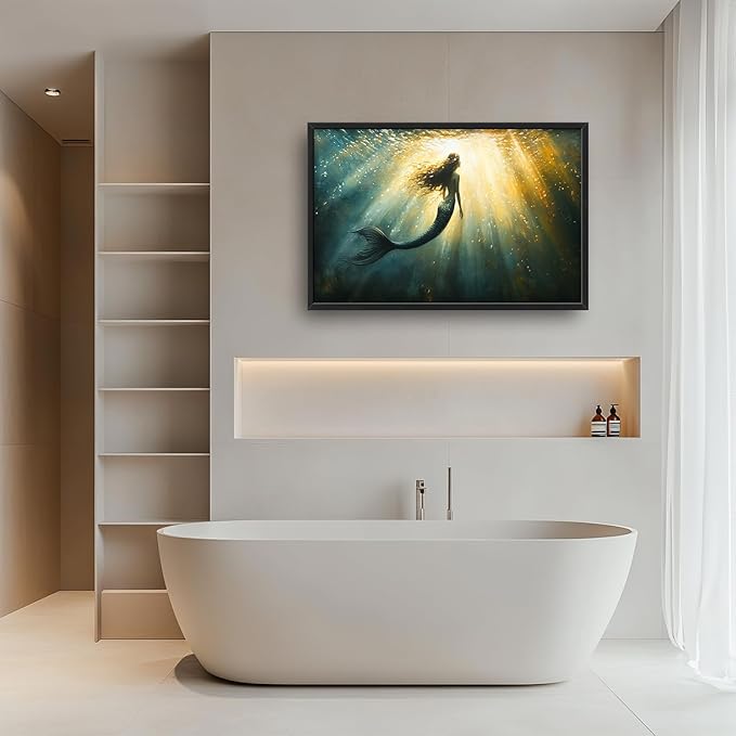 Olivine Mermaid Wall Art, Ocean Pictures Wall Decor, Coastal Painting, Marine Life Canvas Prints, Framed Artwork for Bathroom Bedroom Living Room Office Home Decoration 36"x24"