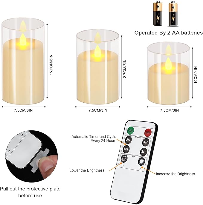 Flameless Candles 4" 5" 6" Acrylic Glass Pillars 3" Diameter Battery Operated Flickering Candles Include Remote with 24Hour Timer Function 400+ Hours by 2 AA Batteries (Pure White, Warm Light 6 Pack)