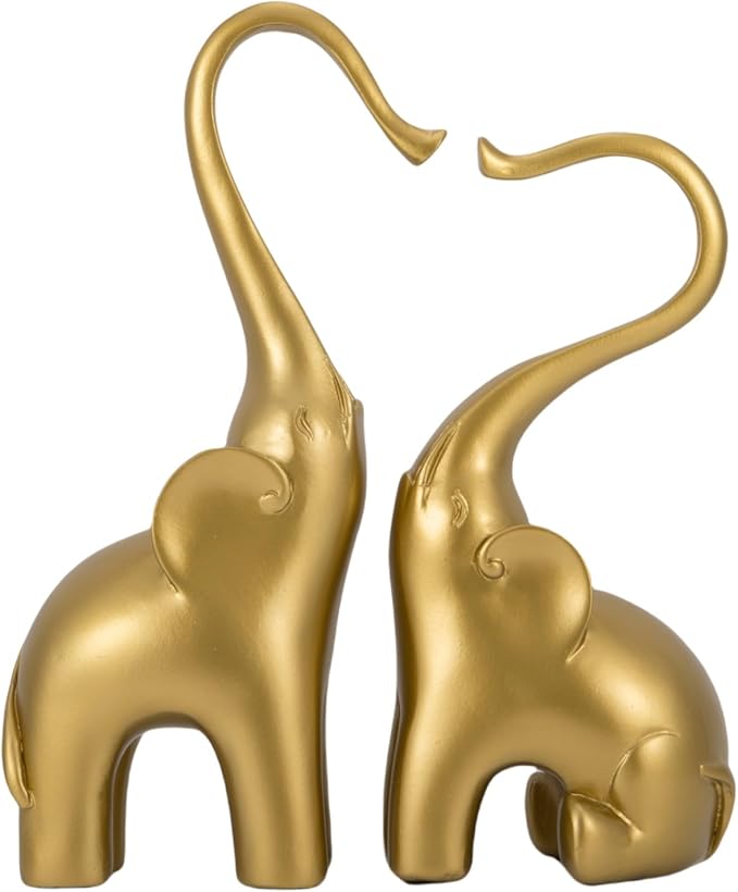 Loving Elephant Statues Home Decor, Small Elephant Figurines in Love for Women, Elephant Sculpture Heart Decorative Objects for Bookshelf Decor (Gold)