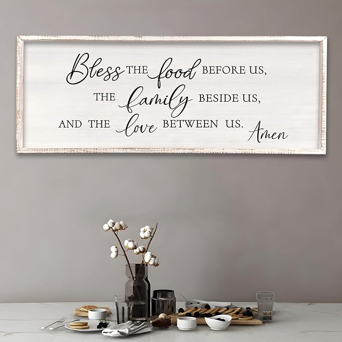 Surfapans Bless the Food Before Us Wall Decor, 40"X15" Farmhouse Dining Room Family Kitchen Sign, Christian Bible Verse Scripture Vintage Home Framed Wood Wall Art (White)