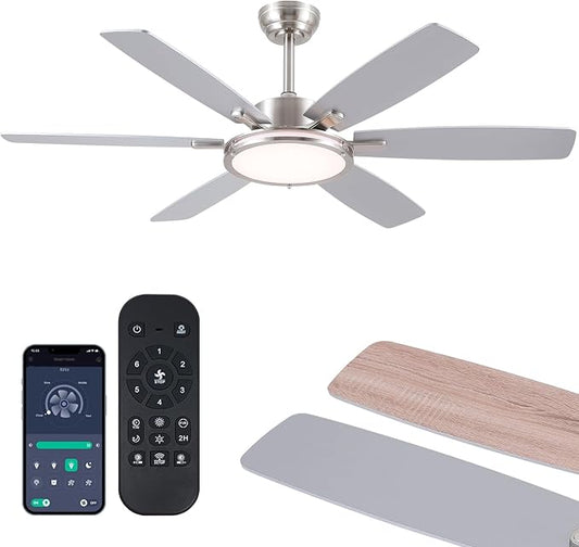 Ceiling Fans with Lights and Remote/APP Control, 52 Inch Flush Mount Ceiling Fan,11in 30W LED Ceiling Light, 3CCT, Quiet DC Motor Ceiling Fans for bedroom,Kitchen Brushed Nickel