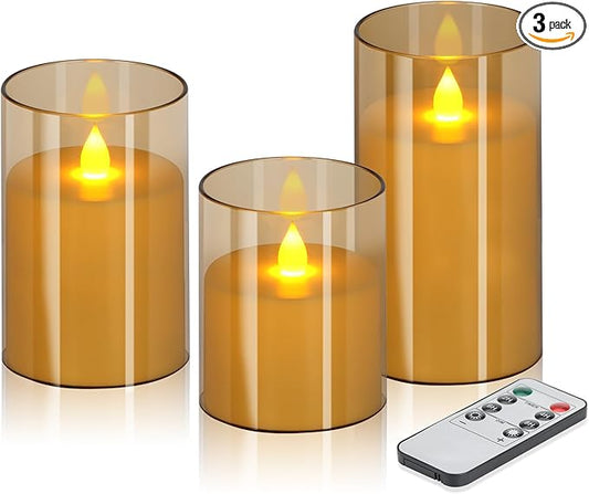 Flameless Candles 4" 5" 6" Set of 3 Acrylic Glass Pillars 3" Diameter Battery Operated Flickering Candles Include Remote with Timer for Home Decor Wedding Festival Cafe Restaurant Decor