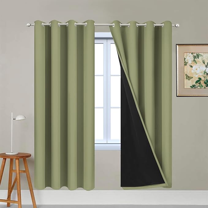 Yakamok 100% Blackout Curtains Energy Saving Thermal Insulated 2 Thick Layers Completely Blackout Drapes with Black Liner for Bedroom (52Wx72L, Sage, 2 Panels)