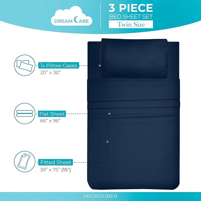 DREAMCARE Twin XL Sheet Sets – 3pcs Cooling Sheets – up to 21” Extra Deep Pocket Twin XL Sheets Set – Hotel Luxury Sheets & Pillowcases – Superior Softness 100% Fine Microfiber with Side Pocket –NBlue