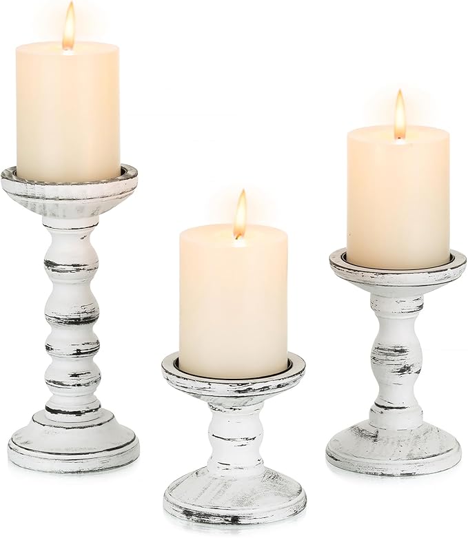 Wood Candle Holders for Pillar: Rustic Candles Holder Set of 3 Table Centerpiece Decor Wooden White Farmhouse Decorations for Fireplace Mantle