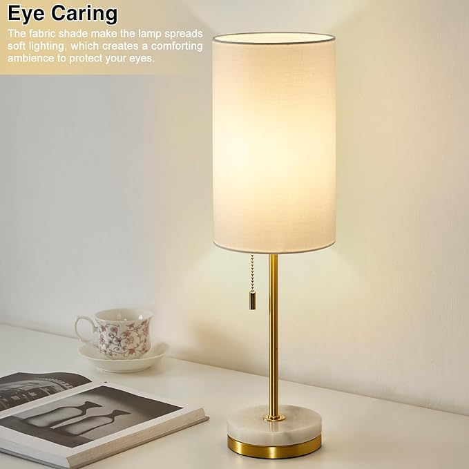 Desk Lamp & Table Lamp Set of 2, Bedside Lamps for Night Stands - Modern Small Table Lamps with Marble Base, Fabric Shade, Mini Pull Chain Bedroom Lamps for Living Room, Office, Reading (Gold)
