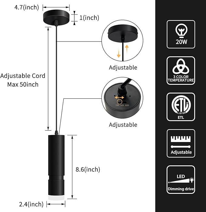 OKELI Pendant Lights, Modern Black Pendant Lights Fixture,3-CCT Unique Adjustable Focus LED Pendant Lighting for Kitchen Island,20W,2700/4000k/6000K, ETL(3Pack)