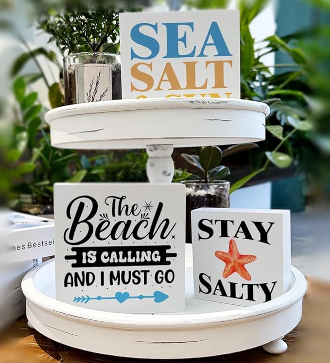 Summer Beach Decor for Home Farmhouse Tiered Tray Decor Beach House 3 Pcs Decorative Wood Box Signs Table Desk Shelf Decoration