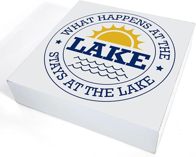 Lake Sign Decor What Happens at the Lake wooden Block Sign Home Lake House Desk Table Shelf Decoration, polychrome