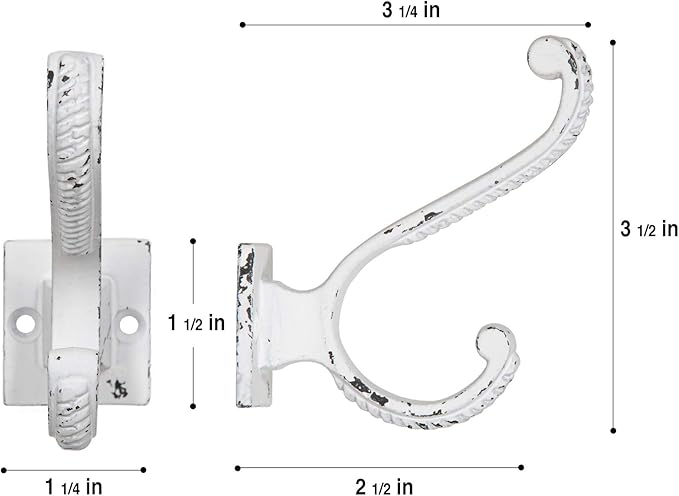 Claimed Corner Iron Scroll Coat Hooks - Wall Mounted Rustic Farmhouse Cast Iron DIY Coat Towel Hat Scarf Bag Hook - 5 Pack (Antique White)