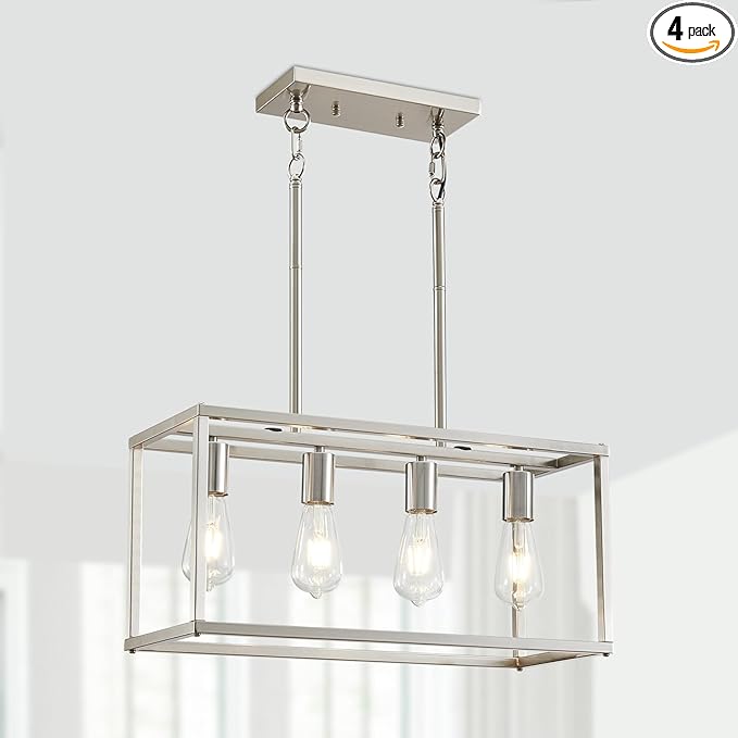 4-Light Dining Room Light Fixture Farmhouse Chandelier Brushed Nickel Modern Kitchen Island Pendant Lights Rectangular Hanging Lights Adjustable Height Metal E26 Base