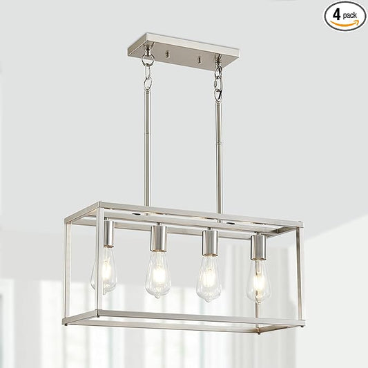 4-Light Dining Room Light Fixture Farmhouse Chandelier Brushed Nickel Modern Kitchen Island Pendant Lights Rectangular Hanging Lights Adjustable Height Metal E26 Base