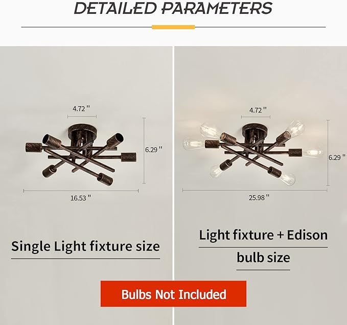 ASGYISA 6-Lights Semi Flush Mount Ceiling Light Fixture Vintage Modern Bronze Matte Sputnik Chandelier Farmhouse Ceiling Lamp for Kitchen Bedroom Dining Room Living Room Entryway.