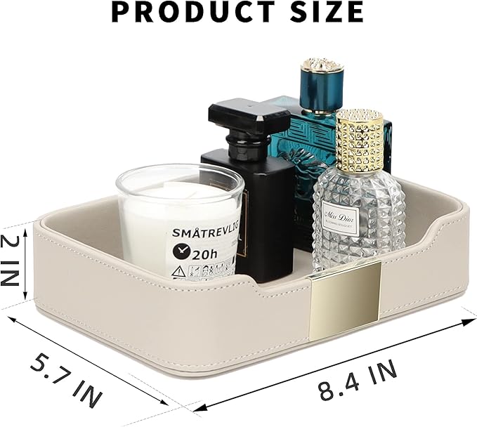 SANZIE Luxury Leather Tray Desktop Storage Catchall Organizer Decorative Tray for Entryway Table to Hold Jewelry Watch Keys Phone Wallet (Metal Glided, Grey)