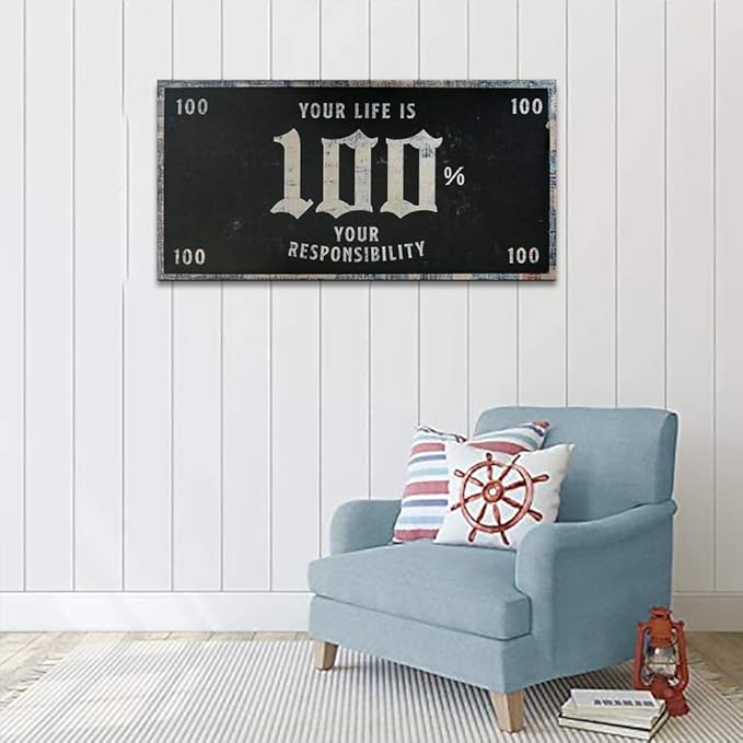 Black and White Motivational Canvas Artwork Contemporary Entrepreneur Office Wall Decor Inspirational Sayings Your Life is 100% Your Responsibility for Study Room Classroom Framed Art-40 Wx20 H