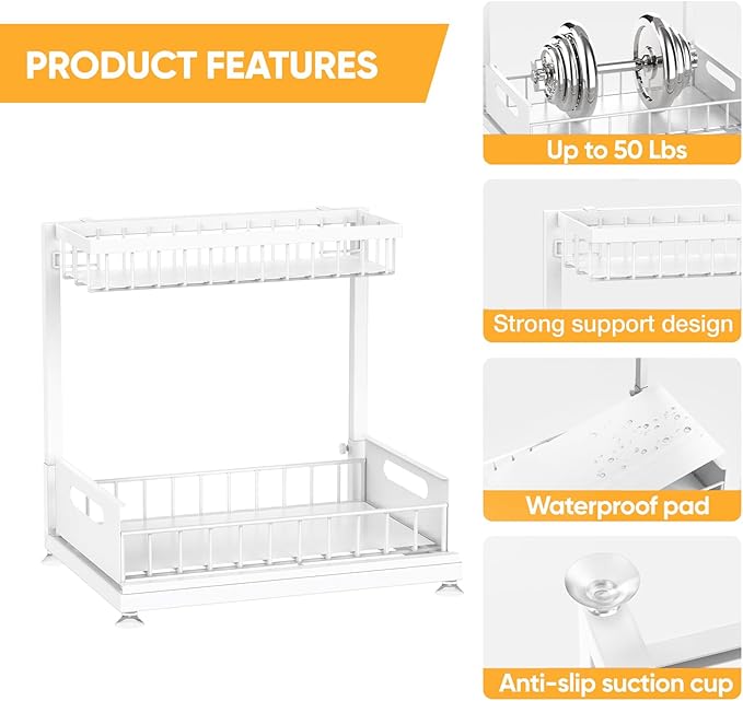 2 Pack Under Sink Organizer Storage 2-Tier Premium Metal Pull-Out Racks, Height Adjustable, Easy Installation | Kitchen & Bathroom Organizers White