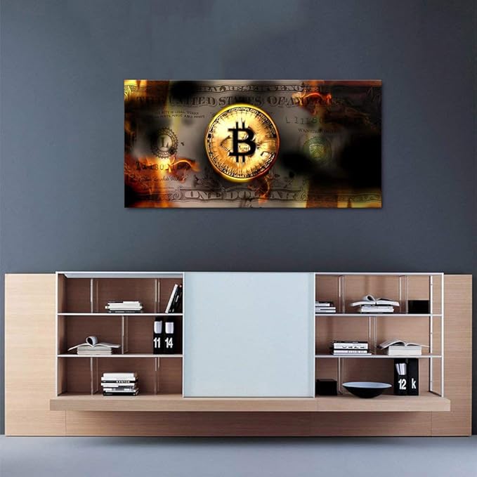 Modern Inspirational Framed Posters Bitcoin and Dollars USD Money Wall Art Creative Wall Picture Burning Bitcoin and Bill Artwork for Living Room Bedroom Classroom Decor Framed Ready to Hang-32"Wx16"H