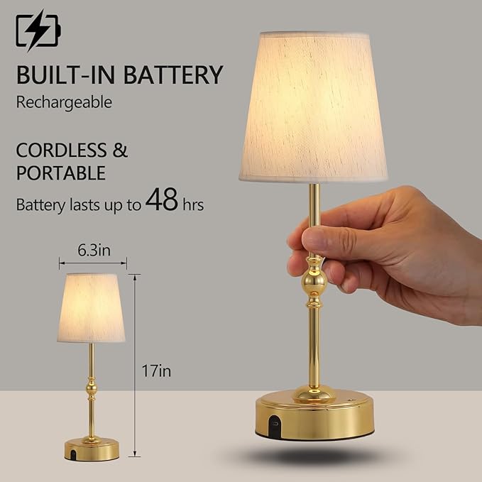 Portables Cordless LED Table Lamp with Dimmer,Outdoor Gold Desk Lamp10000mAh Wireless Rechargeable Battery Nightstand Lamp for Bedroom Bedside Home Camping Balcony Bar RV,Decor