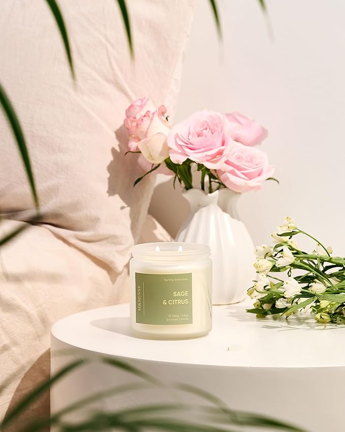 M&SENSE Sage Citrus Scented Candle - 11.6oz Natural Soy Non Toxic 70 Hour Burn Time 2 Wick Aromatherapy Candle for Home Decor, Summer Fragrance for Stress Relief & Relaxation