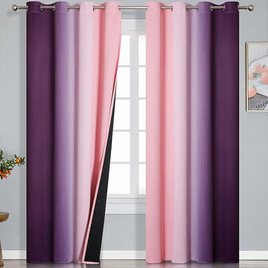 Ombre Pink and Purple Blackout Curtains 96 Inches Long, Full Room Darkening Curtains for Girls Room,Grommet Thermal Insulated Gradient Drapes, Light Blocking Curtains for Bedroom,52x96 Inch, 2 Panels