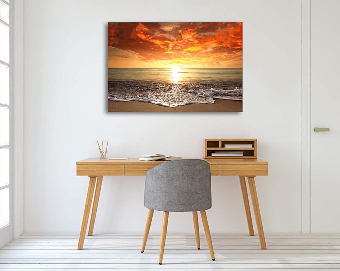 Baisuart-S0169 Canvas Prints Wall Art Sunset Ocean Beach Pictures Photo Paintings for Living Room Bedroom Home Decorations Modern Stretched and Framed Seascape Waves Landscape Giclee Artwork