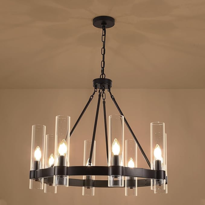 Black Wagon Wheel Chandeliers with Glass Shade, 8-Lights Farmhouse Chandeliers for High Ceiling, 28 Inch Round Black Pendant Light Fixtures for Dining Room, Living Room, Bedroom, Foyer