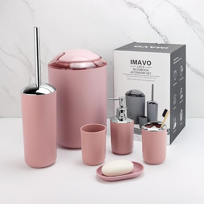7 Piece Pink Bathroom Set,Soap Dispenser,Toilet Brush,Trash Can & Décor Tray,Complete Accessories for Bathroom Organization & Housewarming Gifts