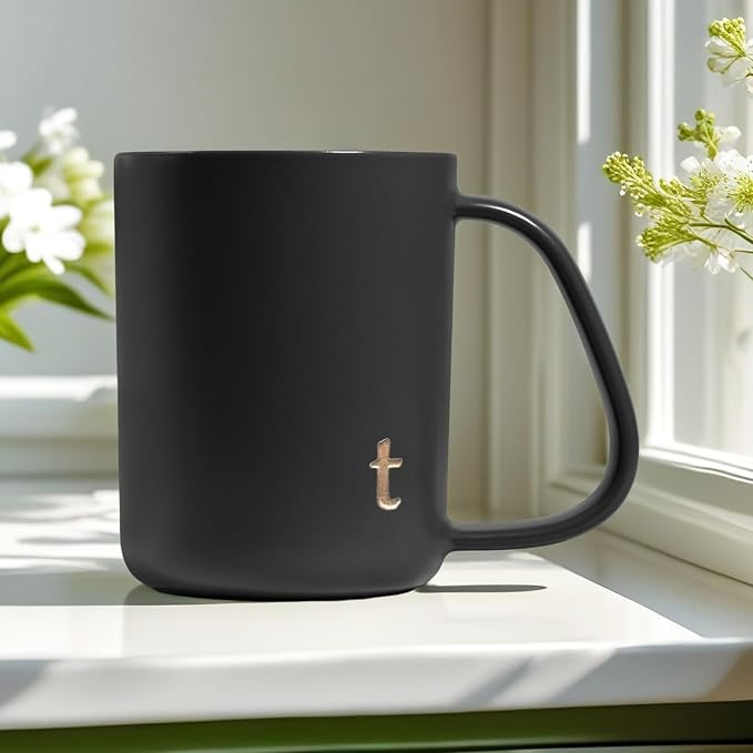 COLLECTIVE HOME - Ergonomic Handle Ceramic Mug, 15 oz Personalized Coffee Cup with Golden Initial, Microwave & Dishwasher Safe, Elegant Monogram Tea Mug in Gift Box for Home & Office (Black-t)