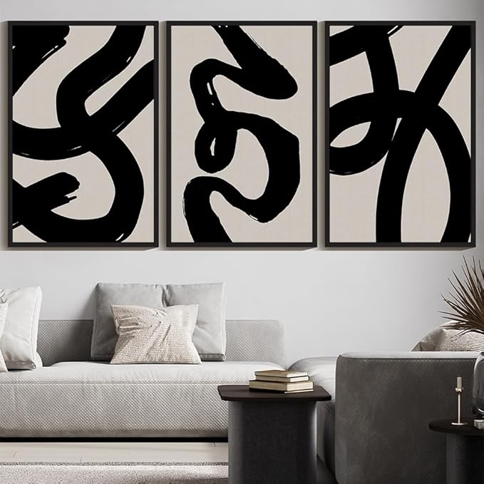 KUVIOKE Black Abstract Framed Wall Art Ink Wash Minimalist Lines Painting Artwork for Bedroom Living Room Hallway Decor Ready to Hang 24x36in (Black Framed)