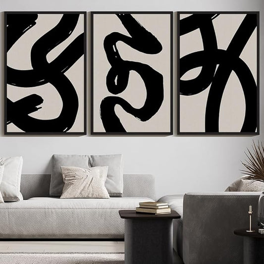 KUVIOKE Black Abstract Framed Wall Art Ink Wash Minimalist Lines Painting Artwork for Bedroom Living Room Hallway Decor Ready to Hang 24x36in (Black Framed)