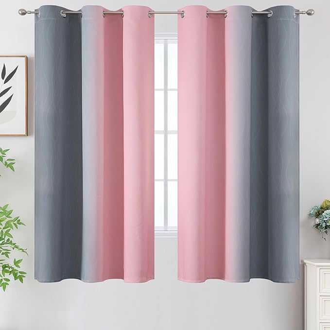 Estelar Textiler Ombre Gray and Pink Blackout Curtains 63 Inch Length 2 Panels, Full Light Blocking Curtains for Kids Room, Grommet Thermal Insulated Gradient Drapes for Girl's Room, 42x63 Inch