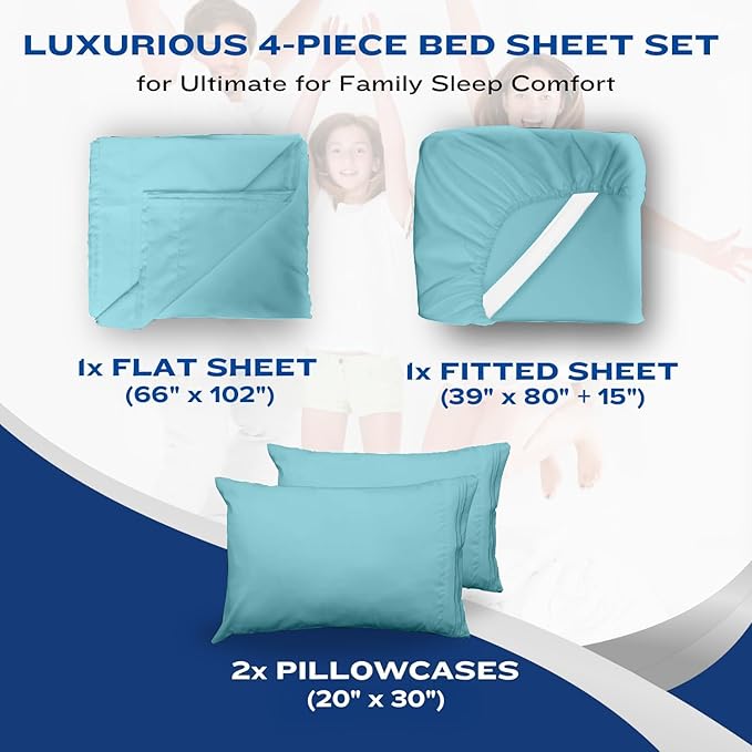 DREAMCARE Twin XL Sheets Set - 4 Pcs Cooling Bed Sheets with Up to 15" Deep Pockets - Soft, Long-Lasting 100% Brushed Polyester with Side Pocket (Spa Blue)