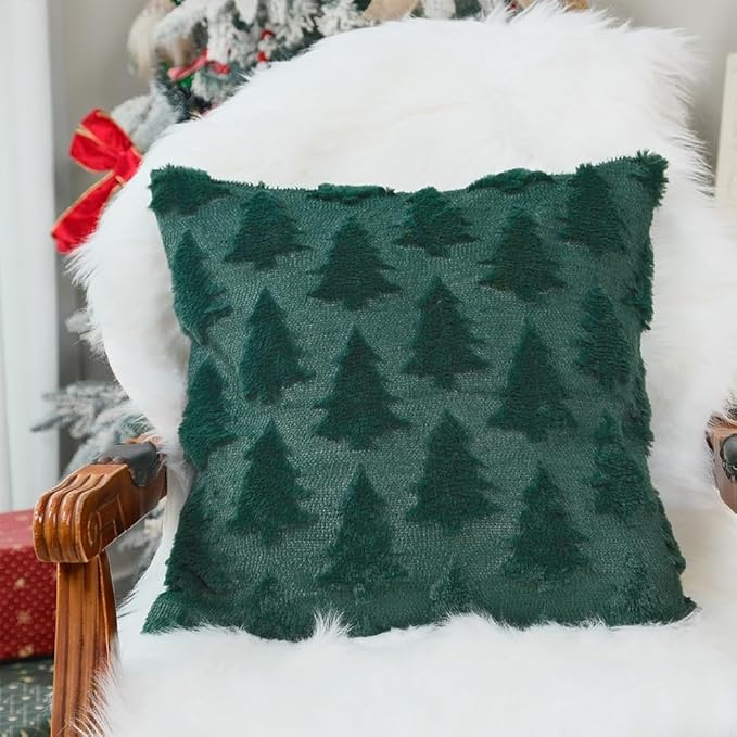 GEEORY Christmas Tree Throw Pillow Covers 16x16 Inch Set of 2, Xmas Winter Soft Plush Faux Fur Wool Decorative Farmhouse Holiday Cushion Case for Home Decoration (Green) GC003-16