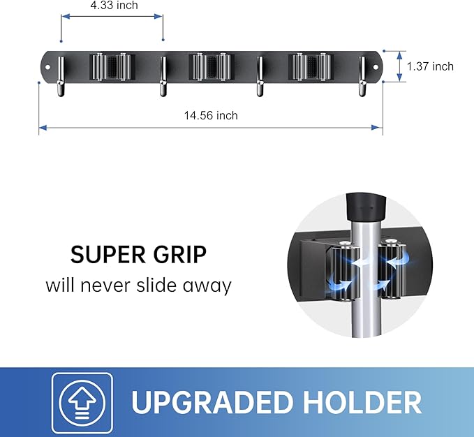 ZONGOOL Mop and Broom Holder Wall Mount, Broom Organizer Mop and Broom Storage Tool Racks Stainless Steel Wall Hanger for Home Kitchen Garden Laundry Garage (3 Racks with 4 Hooks, Black)