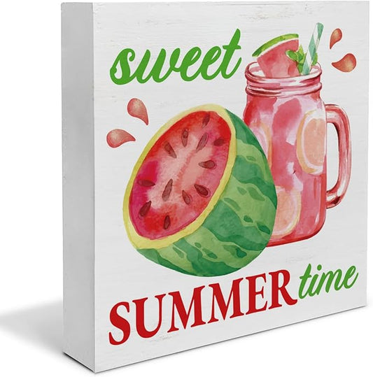 Summer Decor - Watermelon Decorations Sweet Summer Time Wooden Sign Home Kitchen Shelf Desk Decor 5 X 5 Inches