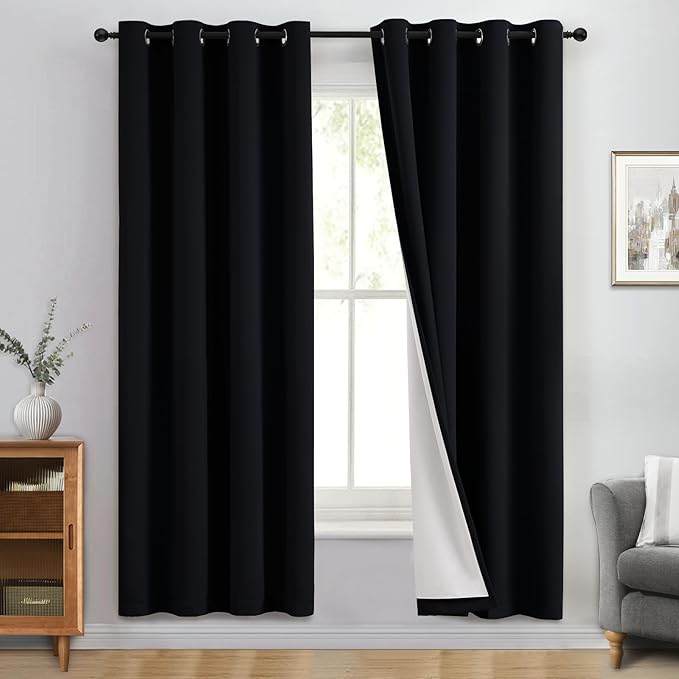 Yakamok 100% Blackout Curtain Panels 72 inches Cold and Light Blocking Drapes for Nursery, 2 Thick Layers Thermal Insulated Draperies (2 Pieces, 50 Wide Each Panel, Black Front with White Backing)