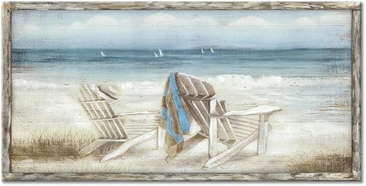 Coastal Abstract Seascape Canvas Wall Art Beach Chair on Sand Painting Artwork Print for Bedroom Living Room(48"*24")