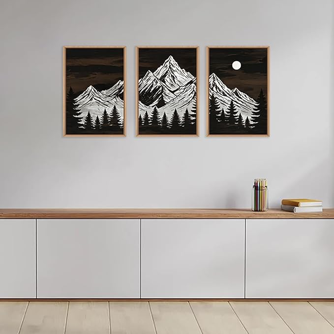 KAIRNE Wooden Mountain Tree Framed Canvas Wall Art Set, Country Wood Forest Wall Decor, Woodcut Pine Tree Wall Painting, Nature Farmhouse Zen Art Prints for Living Room, Bedroom, Office - 24"x36"x3