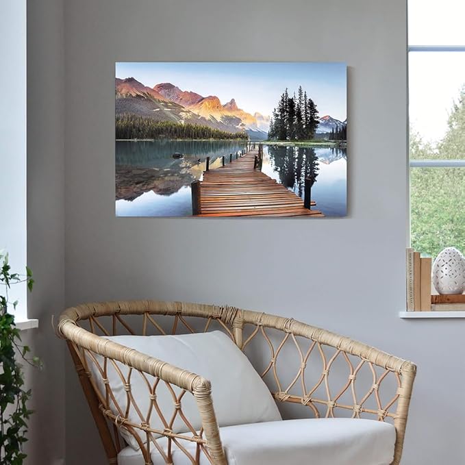 Lake Boardwalk Canvas Wall Art: Nature Mountain Sunset Scenic Artwork Woodland Water Print Picture for Bedroom