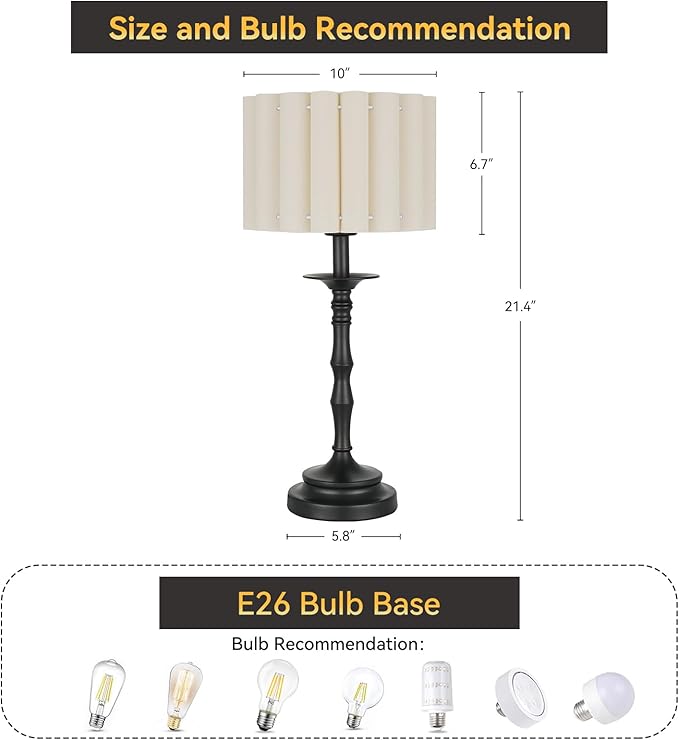 Vintage Black Scalloped Table Lamp, Rustic/Farmhouse Pleated Lamp, Scalloped Lampshade and Bamboo Lamp Post, for Living Room Bedside Side Table