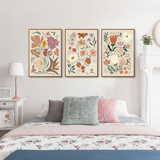 CHDITB Henri Matisse Framed Canvas Wall Art Prints, Pink Beige Flower Market Wall Decor, Minimalist Floral Wall Painting, Abstract Matisse Wall Art for Living Room, Bedroom, Dining Room - 16"x24"x3