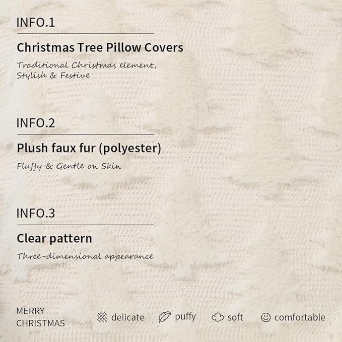 GEEORY Christmas Tree Throw Pillow Covers 20x20 Inch Set of 2, Xmas Winter Soft Plush Faux Fur Wool Decorative Farmhouse Holiday Cushion Case for Home Decoration (Beige) GC004-20