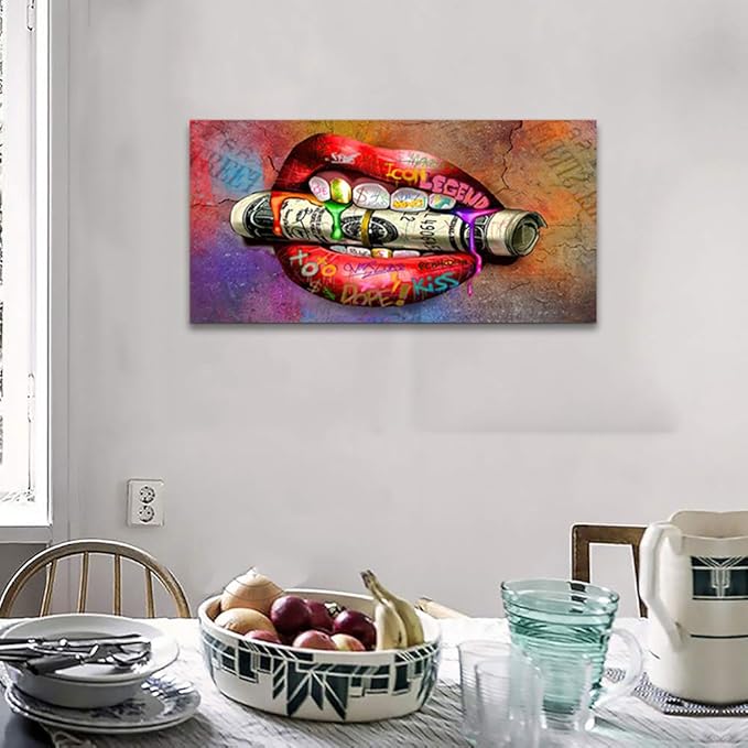 Artwork for Home Walls Abstract Colorful Graffiti Sexy Mouth Biting A Dollar Creative Wall Art Graffiti Letters Wall Pictures for Living Room Bar gym Game Room Wall Hanging Up Easy to Put-40"Wx20"H