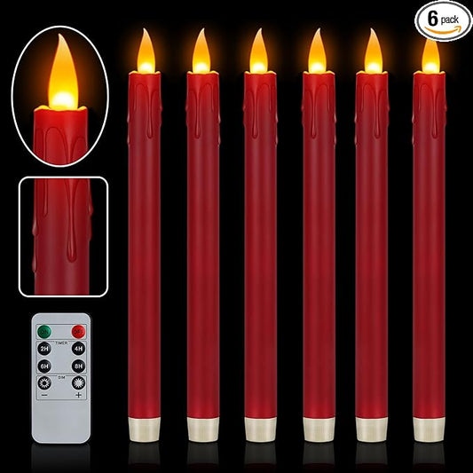 6 Pcs Burgundy Flameless Taper Candles with Remote, 10" White Battery Operated Led Candlesticks with Flickering 3D Flame, Fake Taper Candles for Halloween Anniversaries Dinner Home Décor